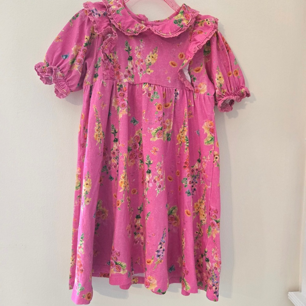 Next Kids Pink Floral Cotton Dress Peter Pan Collar Ruffle 3-4 Years Q60-119-407